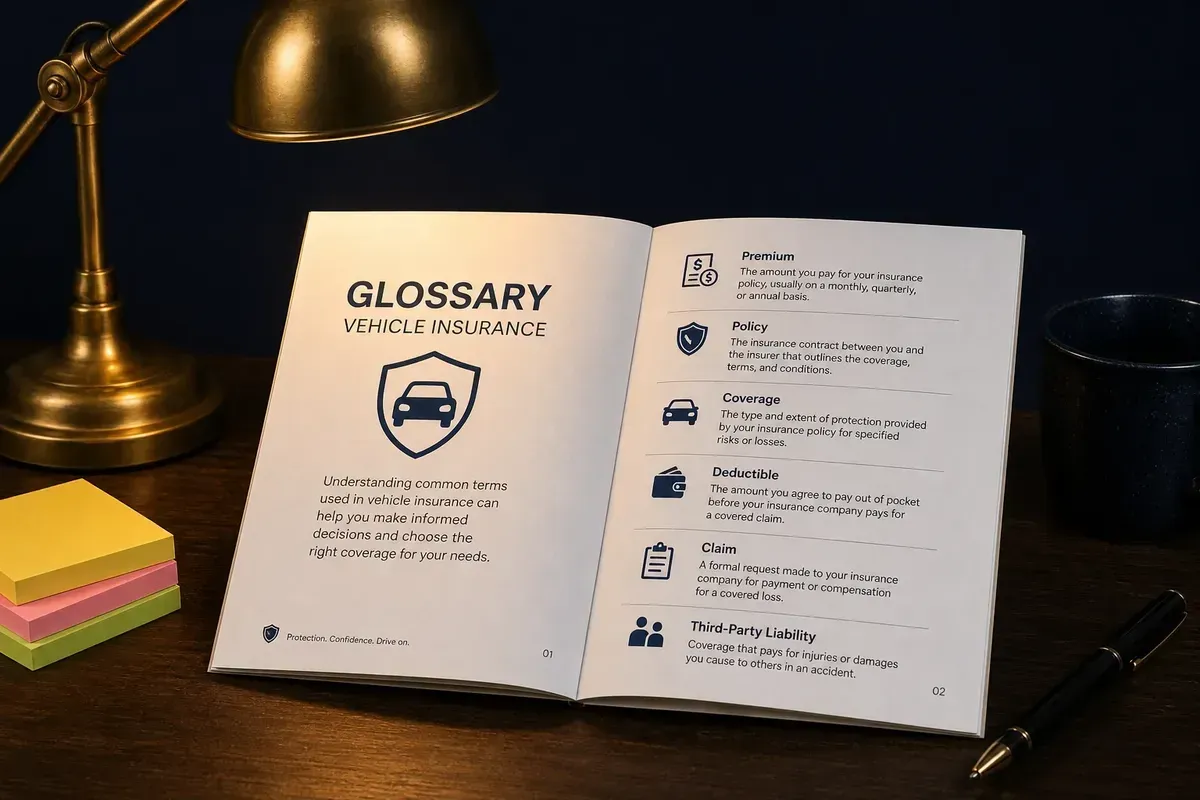 Aufgeschlagenes Glossar zur Kfz‑Versicherung unter warmer Schreibtischlampe.