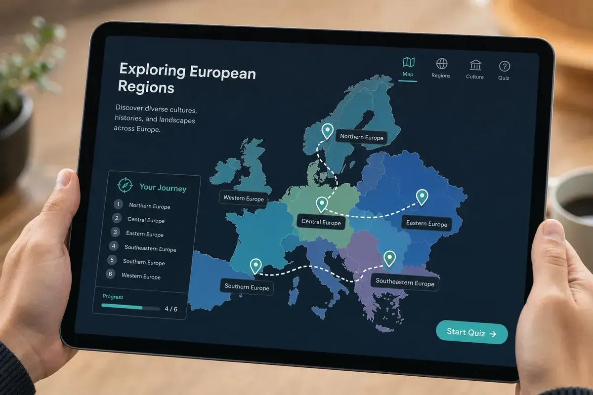 Tablet mit vereinfachter Regionenkarte und Bildungsnotizen zur Mobilität.
